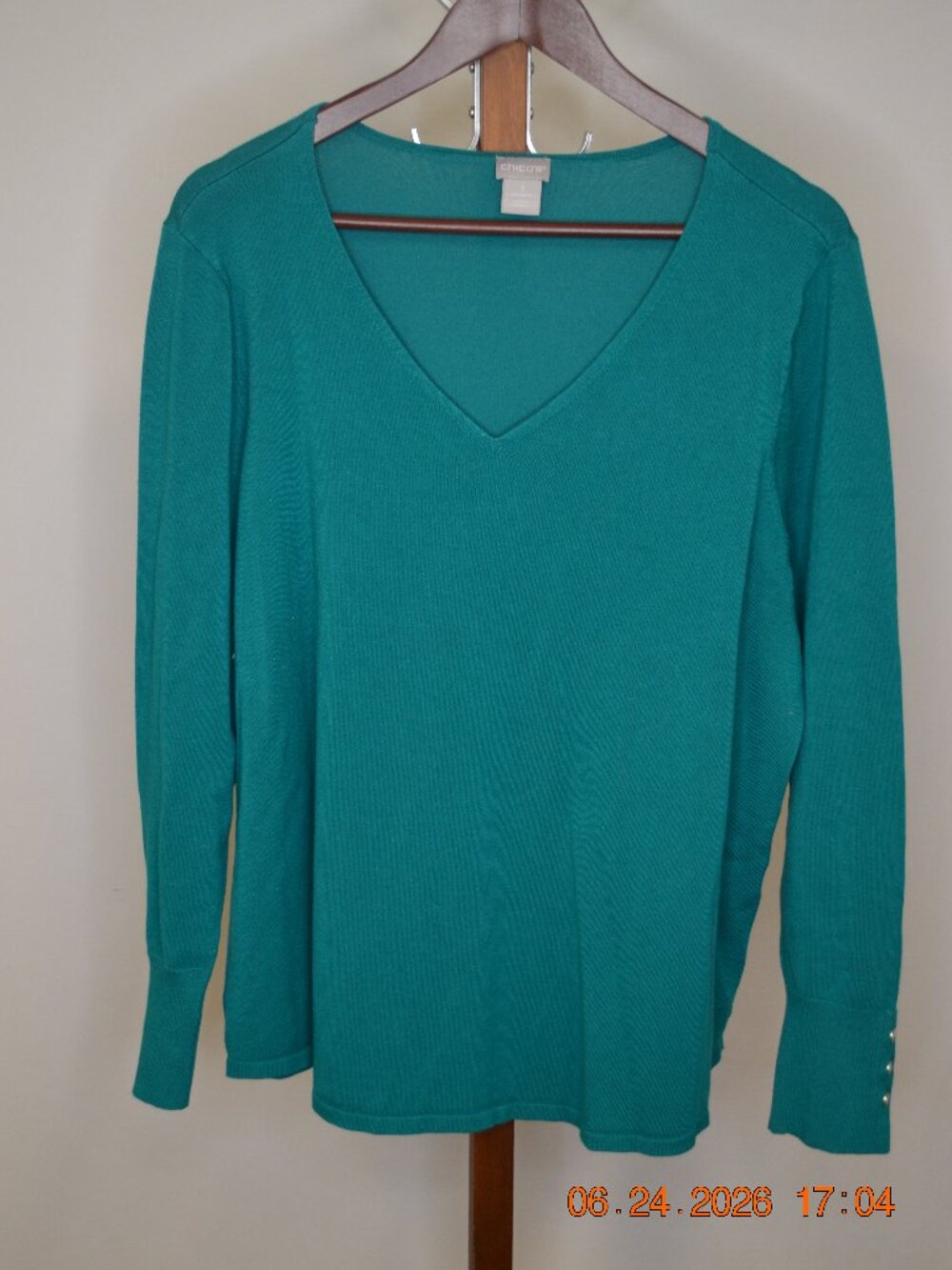 Chico’s Women’s Size 3 (US XL) Teal V-Neck Flowy Cotton Long Sleeve